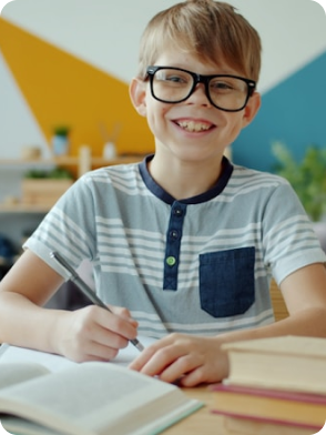 Cartoon boy with glasses and headphones smiling happily